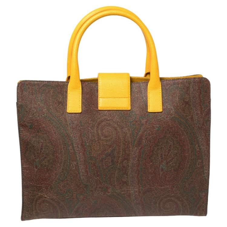 Pre Owned Etro Yellow/Brown Paisley Print Coated Canvas and Leather Tote