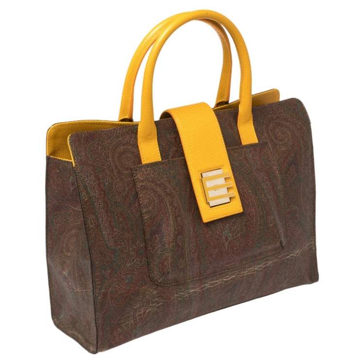 Pre Owned Etro Yellow/Brown Paisley Print Coated Canvas and Leather Tote