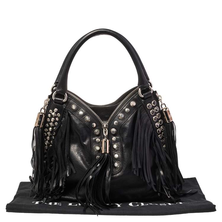 Pre Owned Etro Black Leather Studded Fringe Shoulder Bag