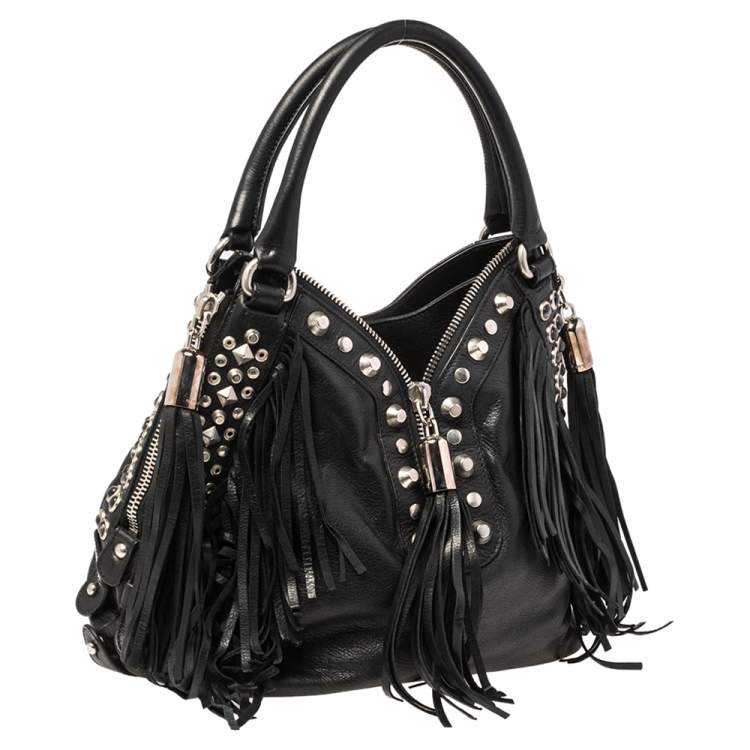 Pre Owned Etro Black Leather Studded Fringe Shoulder Bag