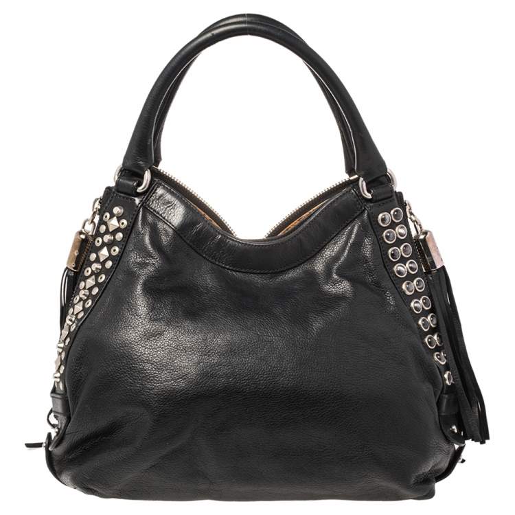 Pre Owned Etro Black Leather Studded Fringe Shoulder Bag