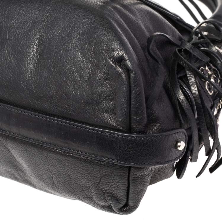 Pre Owned Etro Black Leather Studded Fringe Shoulder Bag