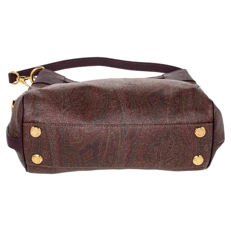 Pre Owned Etro Brown/Purple Paisley Print Coated Canvas And Lizard Embossed Leather Hobo
