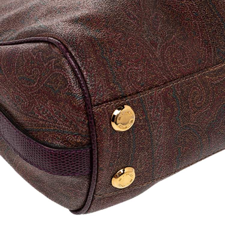 Pre Owned Etro Brown/Purple Paisley Print Coated Canvas And Lizard Embossed Leather Hobo