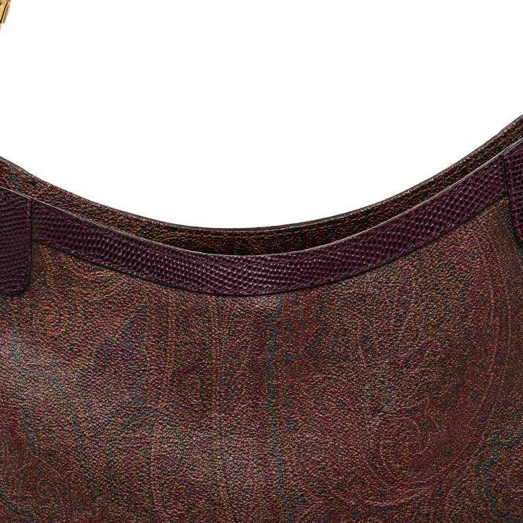 Pre Owned Etro Brown/Purple Paisley Print Coated Canvas And Lizard Embossed Leather Hobo