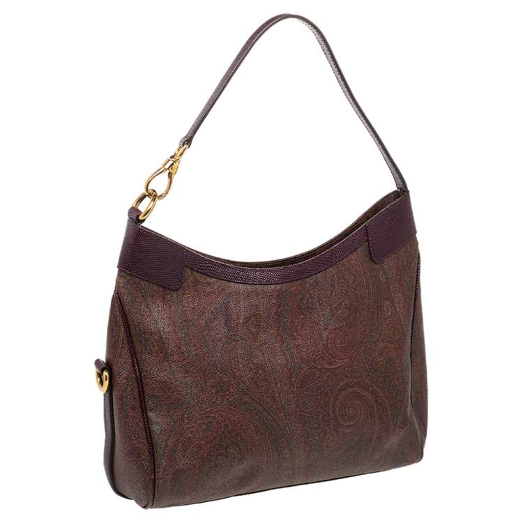 Pre Owned Etro Brown/Purple Paisley Print Coated Canvas And Lizard Embossed Leather Hobo