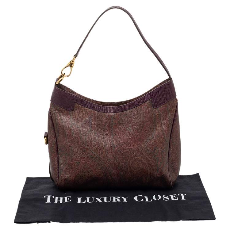 Pre Owned Etro Brown/Purple Paisley Print Coated Canvas And Lizard Embossed Leather Hobo