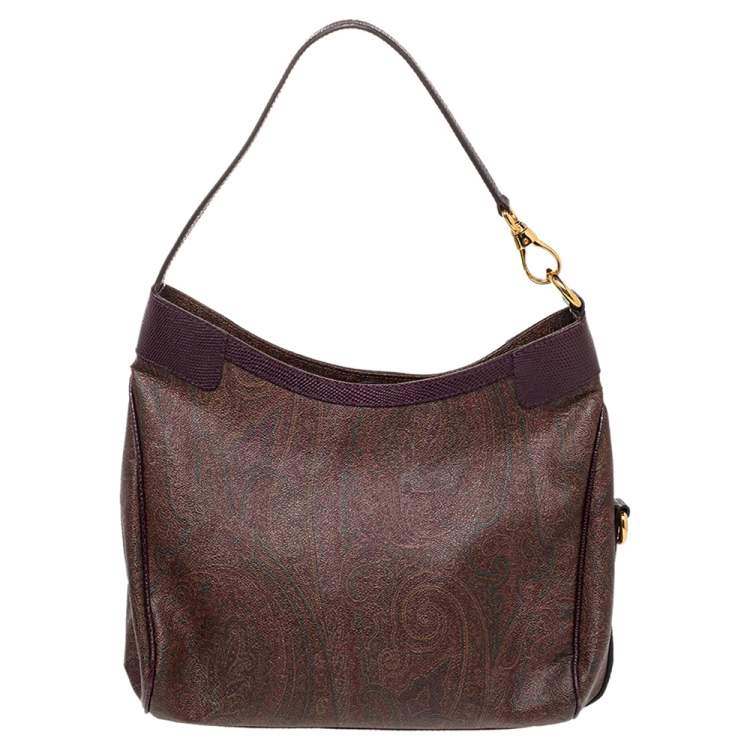 Pre Owned Etro Brown/Purple Paisley Print Coated Canvas And Lizard Embossed Leather Hobo