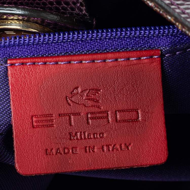 Pre Owned Etro Brown/Purple Paisley Print Coated Canvas And Lizard Embossed Leather Hobo