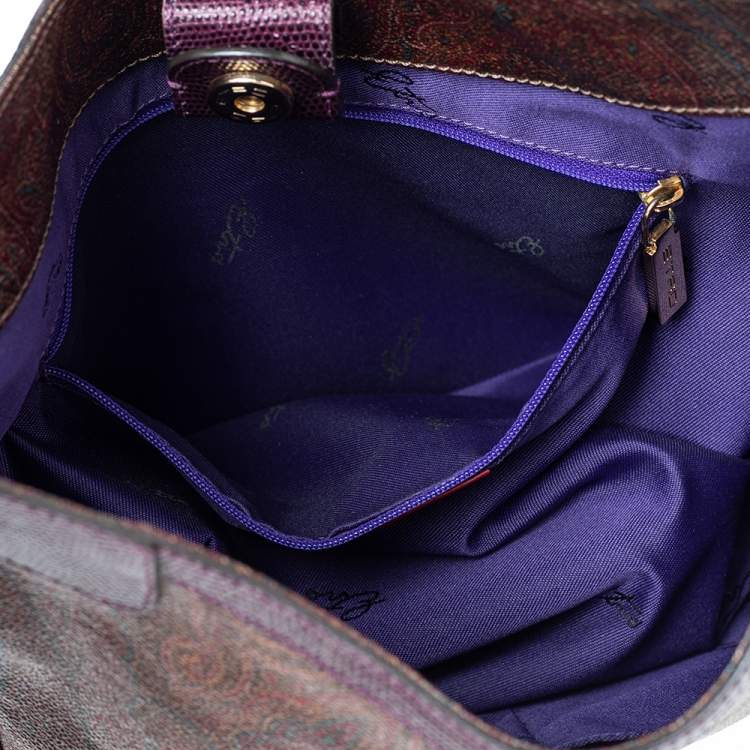 Pre Owned Etro Brown/Purple Paisley Print Coated Canvas And Lizard Embossed Leather Hobo