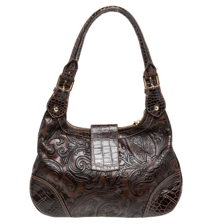 Pre Owned Etro Brown Paisley And Croc Embossed Leather Push Lock Hobo