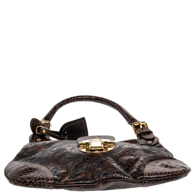 Pre Owned Etro Brown Paisley And Croc Embossed Leather Push Lock Hobo