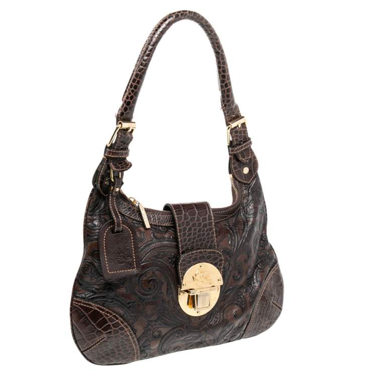 Pre Owned Etro Brown Paisley And Croc Embossed Leather Push Lock Hobo