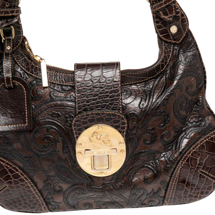 Pre Owned Etro Brown Paisley And Croc Embossed Leather Push Lock Hobo