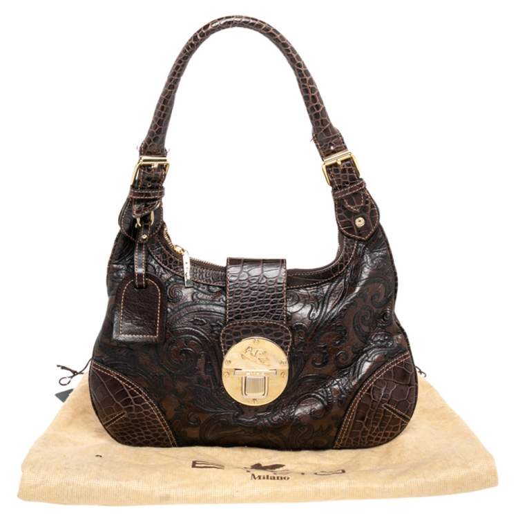 Pre Owned Etro Brown Paisley And Croc Embossed Leather Push Lock Hobo