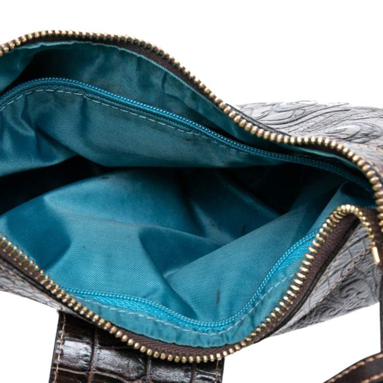 Pre Owned Etro Brown Paisley And Croc Embossed Leather Push Lock Hobo