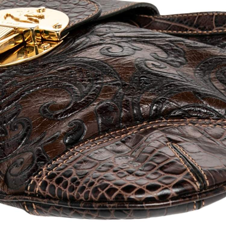 Pre Owned Etro Brown Paisley And Croc Embossed Leather Push Lock Hobo