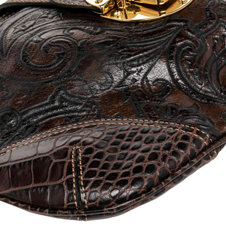 Pre Owned Etro Brown Paisley And Croc Embossed Leather Push Lock Hobo
