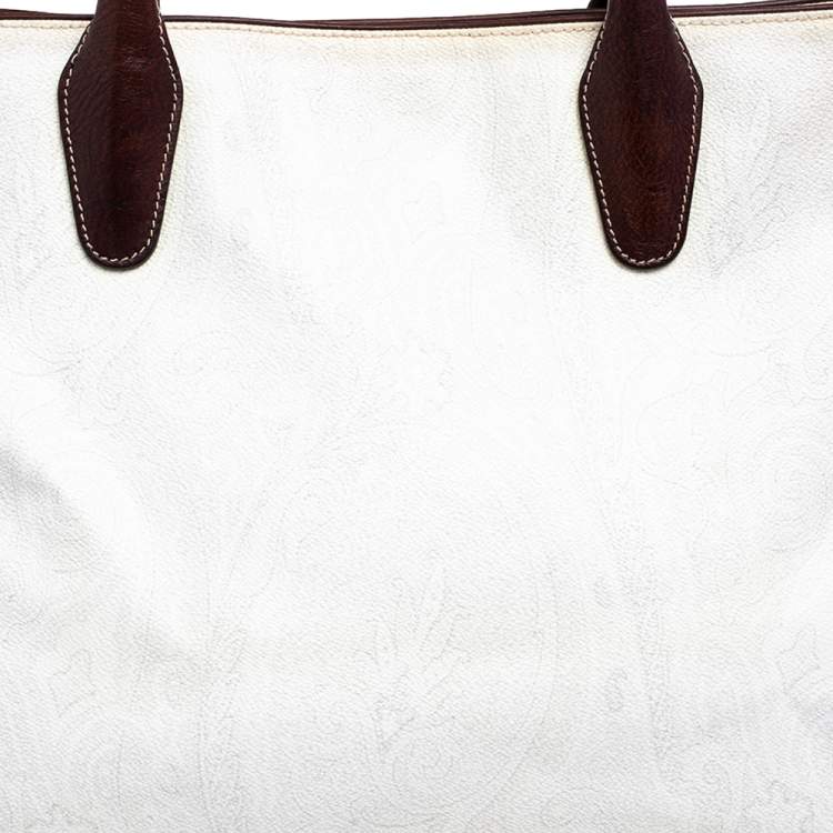 Pre Owned Etro White Paisley Print Coated Canvas And Leather Tote