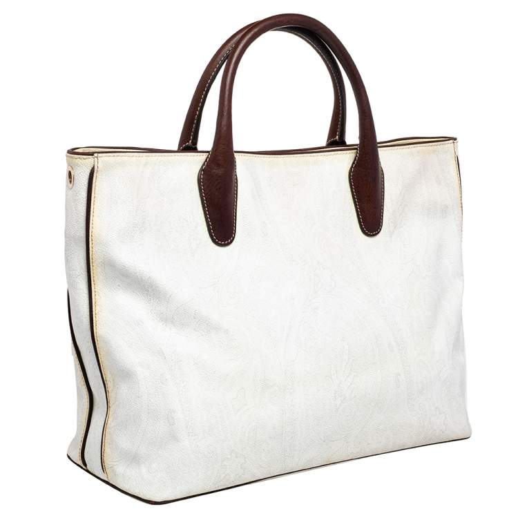 Pre Owned Etro White Paisley Print Coated Canvas And Leather Tote