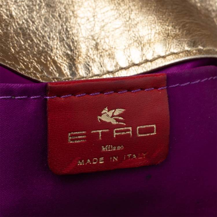 Pre Owned Etro Metallic Gold Paisley Embossed Leather Clutch