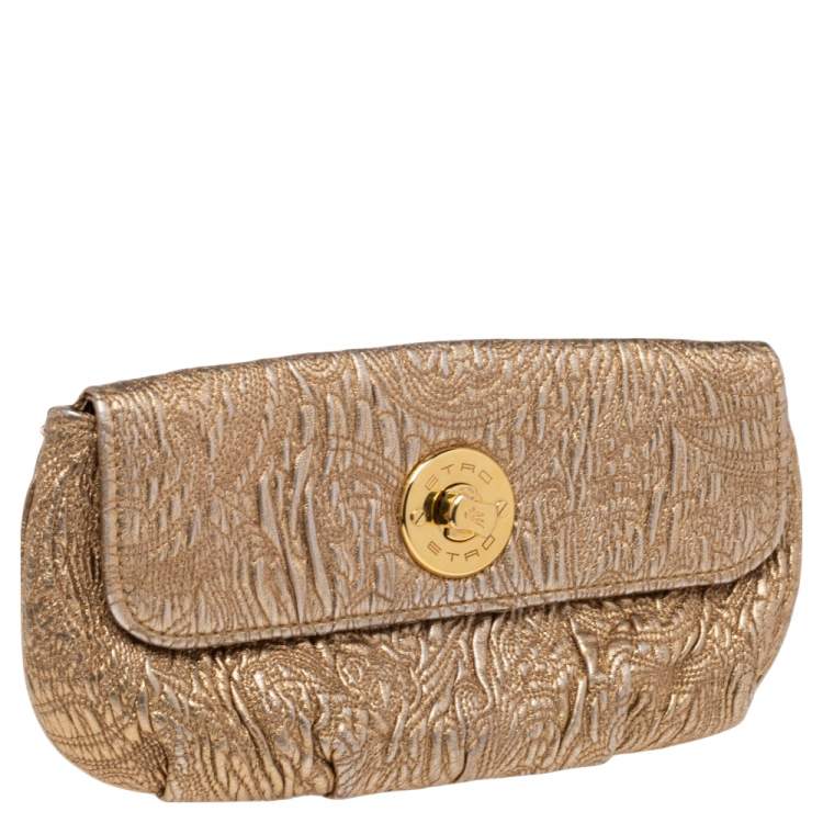 Pre Owned Etro Metallic Gold Paisley Embossed Leather Clutch