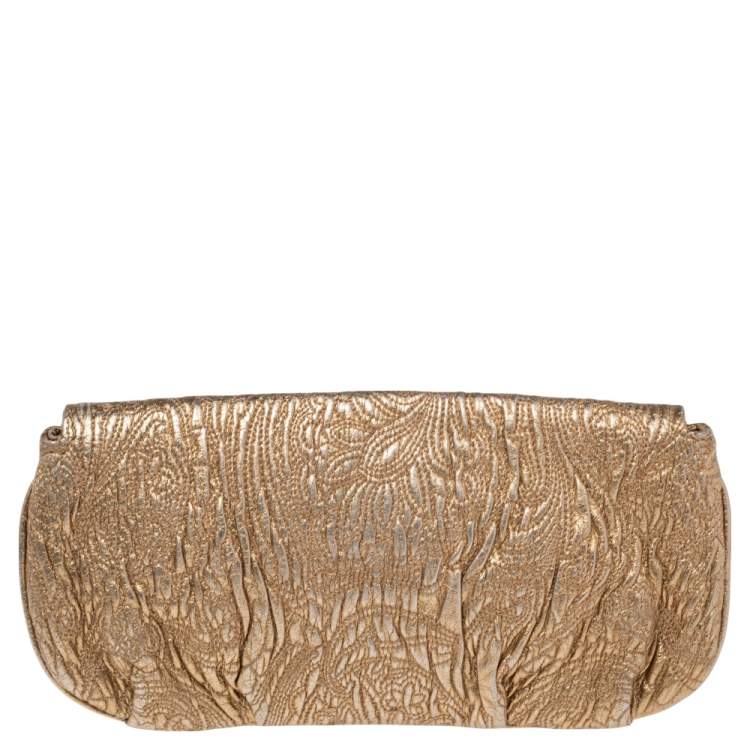Pre Owned Etro Metallic Gold Paisley Embossed Leather Clutch