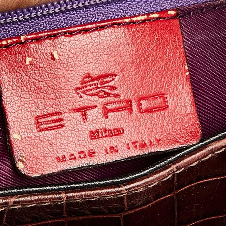 Pre Owned Etro Brown/Orange Croc Embossed Leather And Fur Buckle Flap Shoulder Bag
