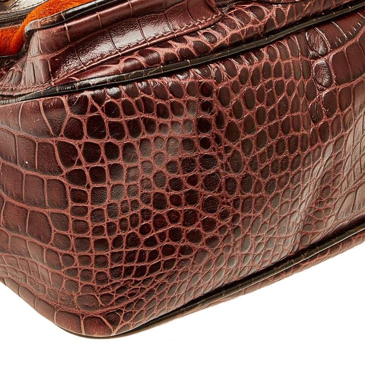 Pre Owned Etro Brown/Orange Croc Embossed Leather And Fur Buckle Flap Shoulder Bag