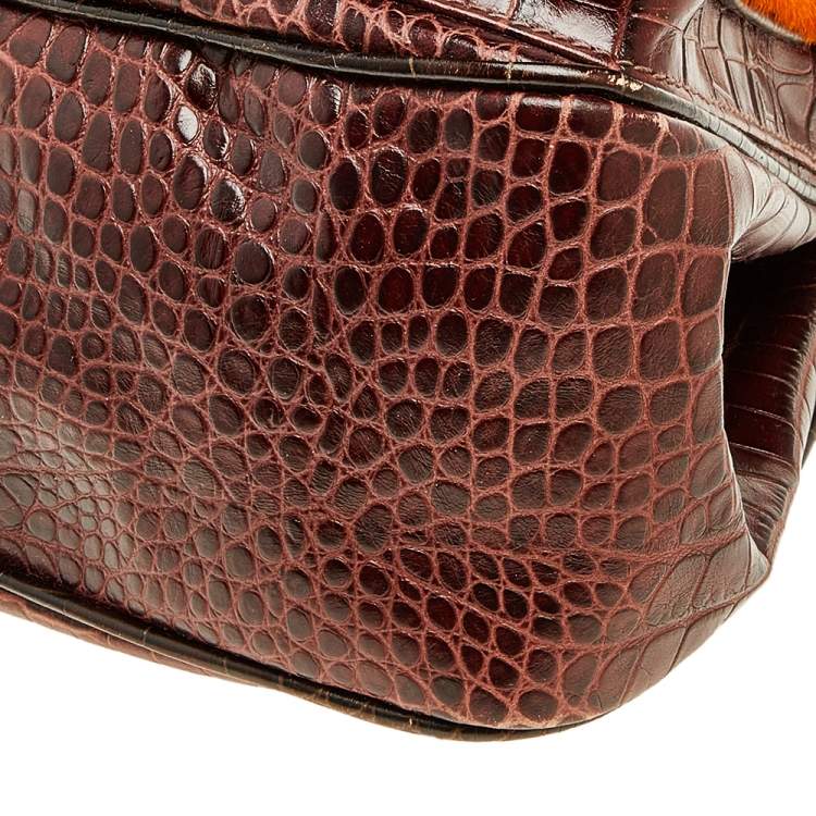 Pre Owned Etro Brown/Orange Croc Embossed Leather And Fur Buckle Flap Shoulder Bag