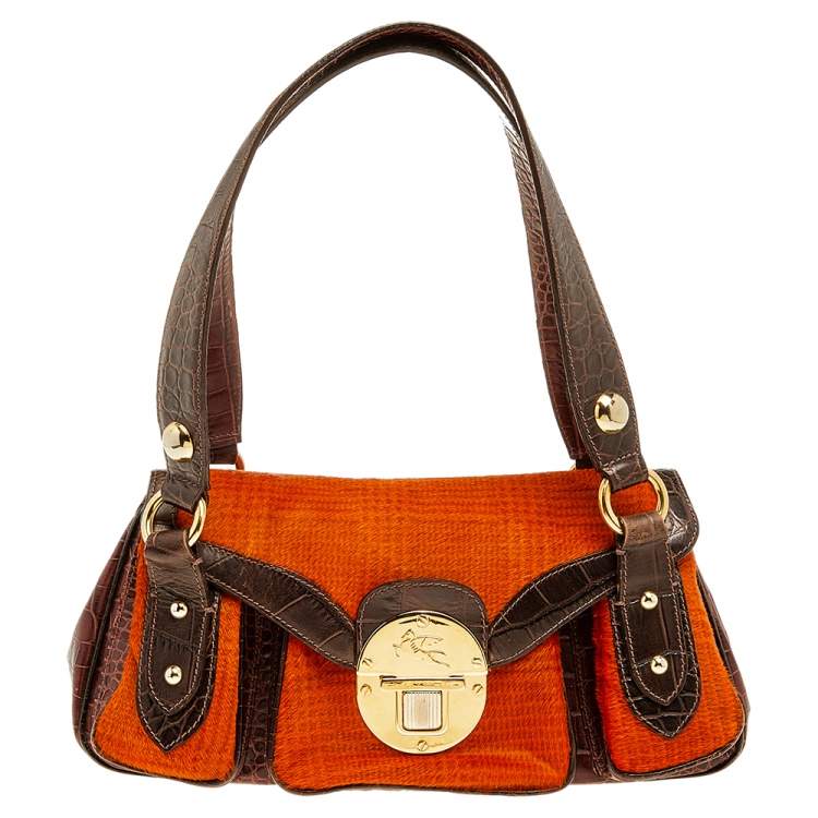 Pre Owned Etro Brown/Orange Croc Embossed Leather And Fur Buckle Flap Shoulder Bag