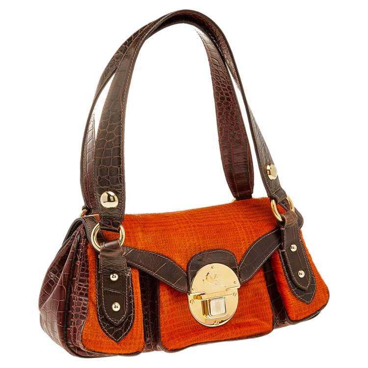 Pre Owned Etro Brown/Orange Croc Embossed Leather And Fur Buckle Flap Shoulder Bag