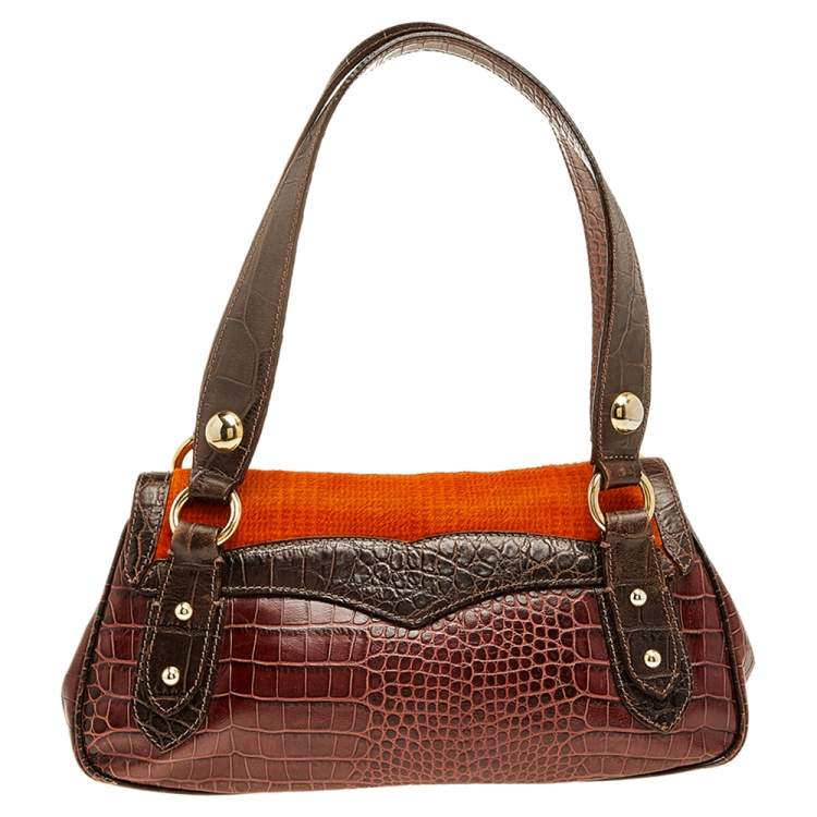 Pre Owned Etro Brown/Orange Croc Embossed Leather And Fur Buckle Flap Shoulder Bag
