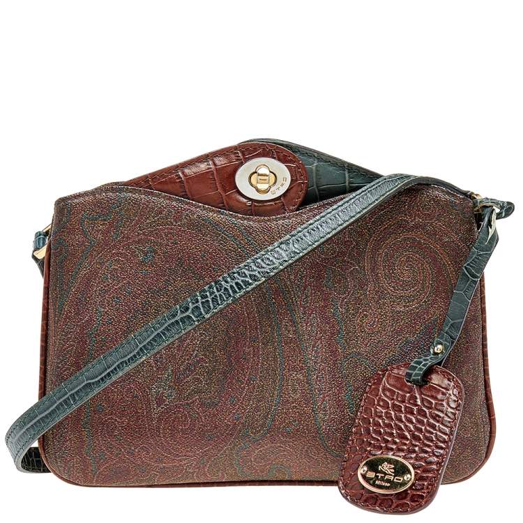 Pre Owned Etro Multicolor Paisley Print Coated Canvas And Croc Embossed Leather Shoulder Bag