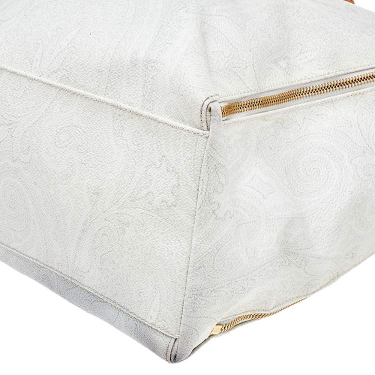 Pre Owned Etro White Paisley Print Coated Canvas And Leather Tote