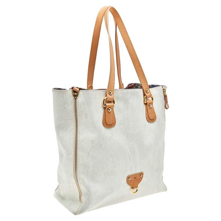 Pre Owned Etro White Paisley Print Coated Canvas And Leather Tote