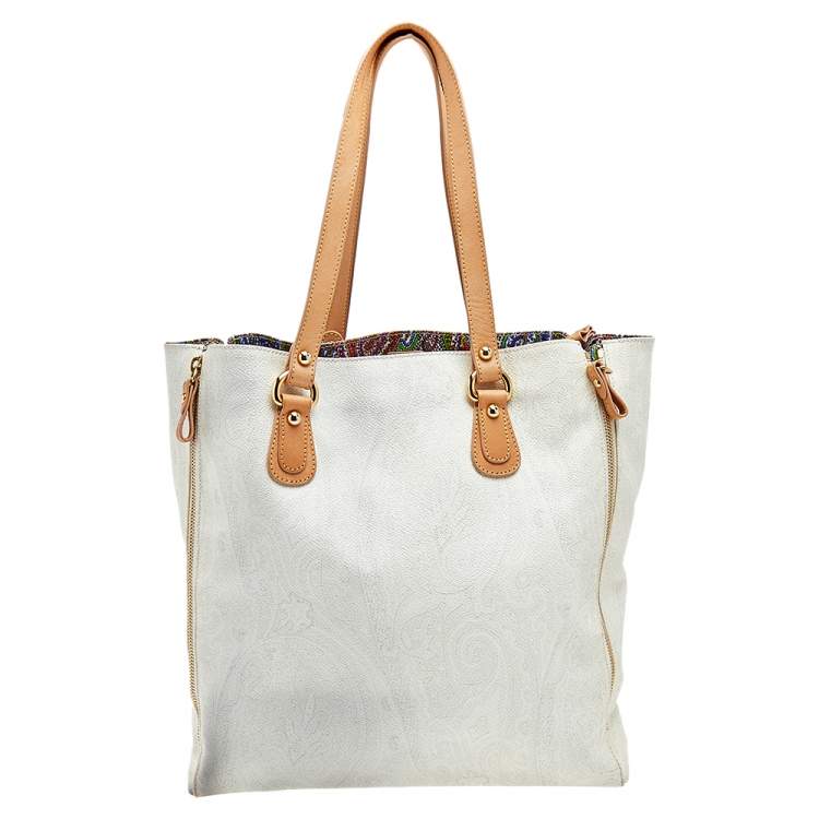 Pre Owned Etro White Paisley Print Coated Canvas And Leather Tote