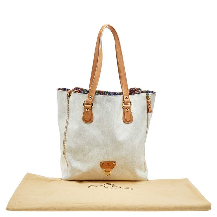 Pre Owned Etro White Paisley Print Coated Canvas And Leather Tote