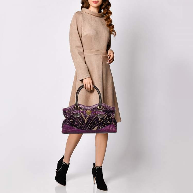 Pre Owned Etro Tri-colored Croc Embossed Leather And Velvet Satchel