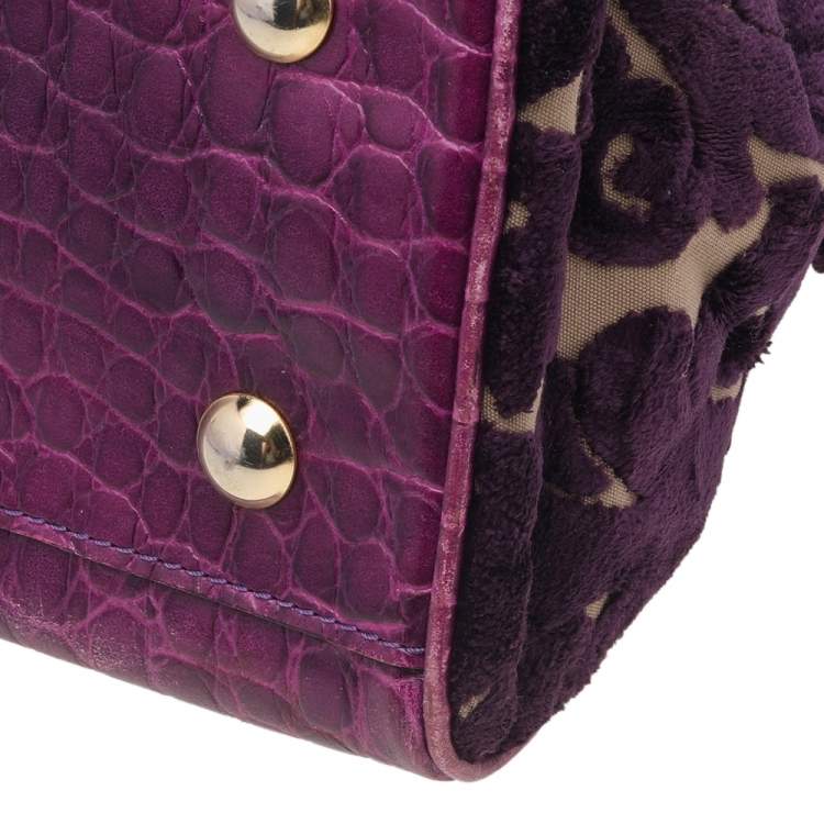 Pre Owned Etro Tri-colored Croc Embossed Leather And Velvet Satchel
