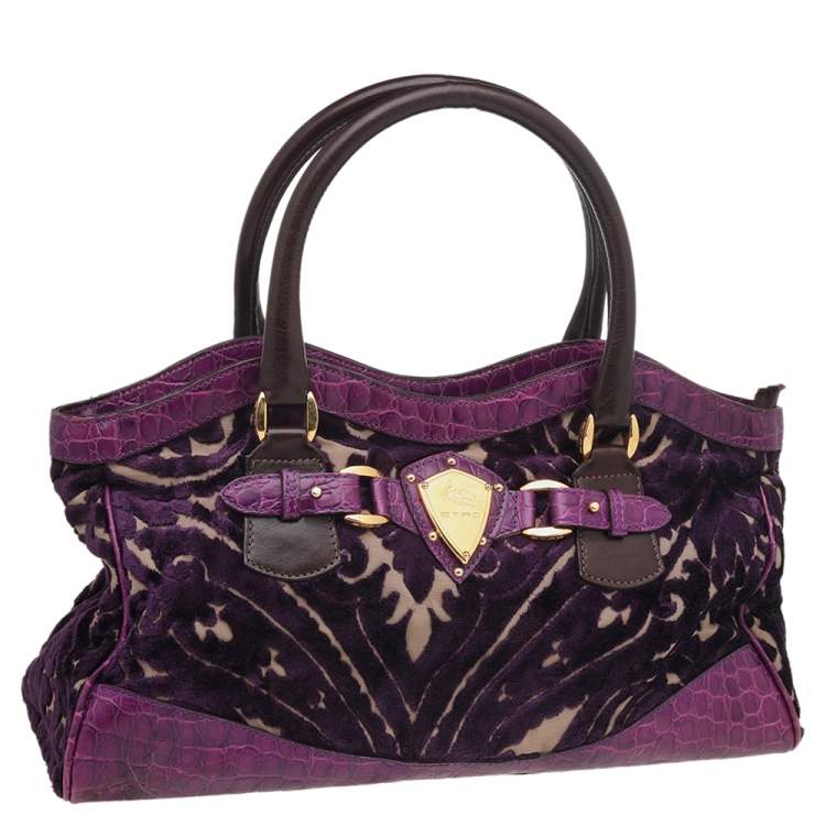 Pre Owned Etro Tri-colored Croc Embossed Leather And Velvet Satchel