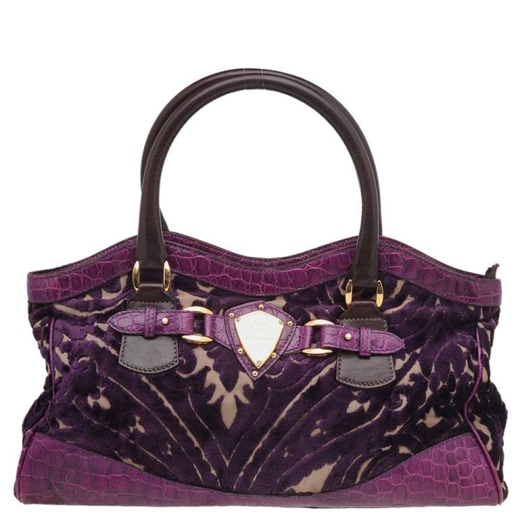 Pre Owned Etro Tri-colored Croc Embossed Leather And Velvet Satchel