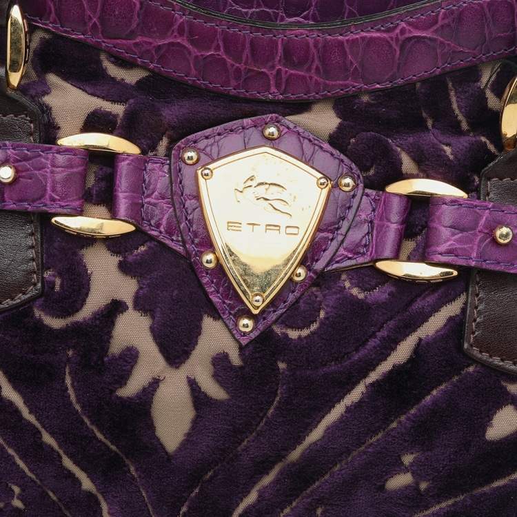 Pre Owned Etro Tri-colored Croc Embossed Leather And Velvet Satchel