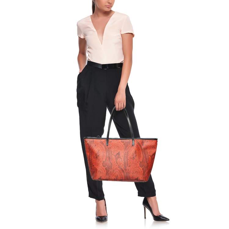 Pre Owned Etro Orange/Black Paisley Canvas and Leather Shopper Tote