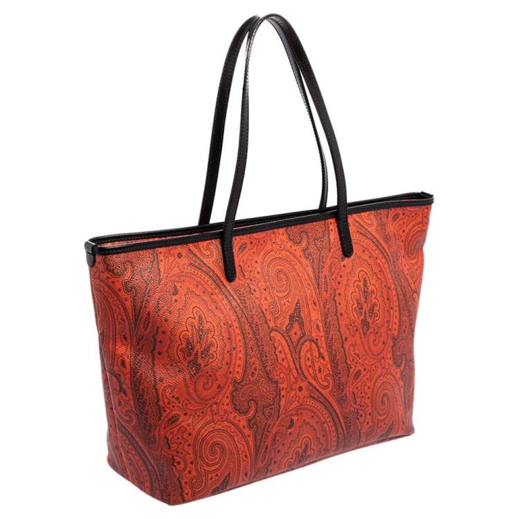 Pre Owned Etro Orange/Black Paisley Canvas and Leather Shopper Tote