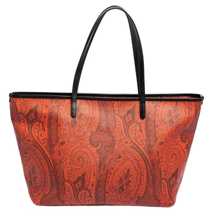Pre Owned Etro Orange/Black Paisley Canvas and Leather Shopper Tote