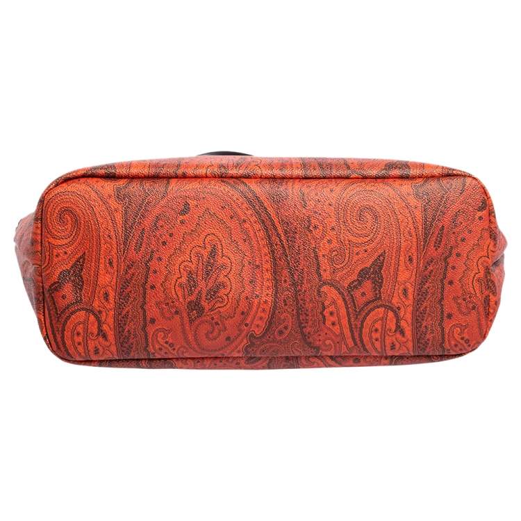 Pre Owned Etro Orange/Black Paisley Canvas and Leather Shopper Tote