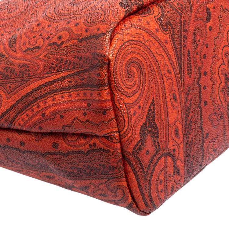 Pre Owned Etro Orange/Black Paisley Canvas and Leather Shopper Tote