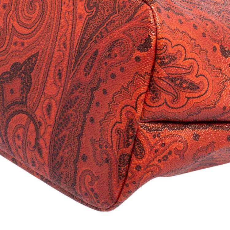 Pre Owned Etro Orange/Black Paisley Canvas and Leather Shopper Tote