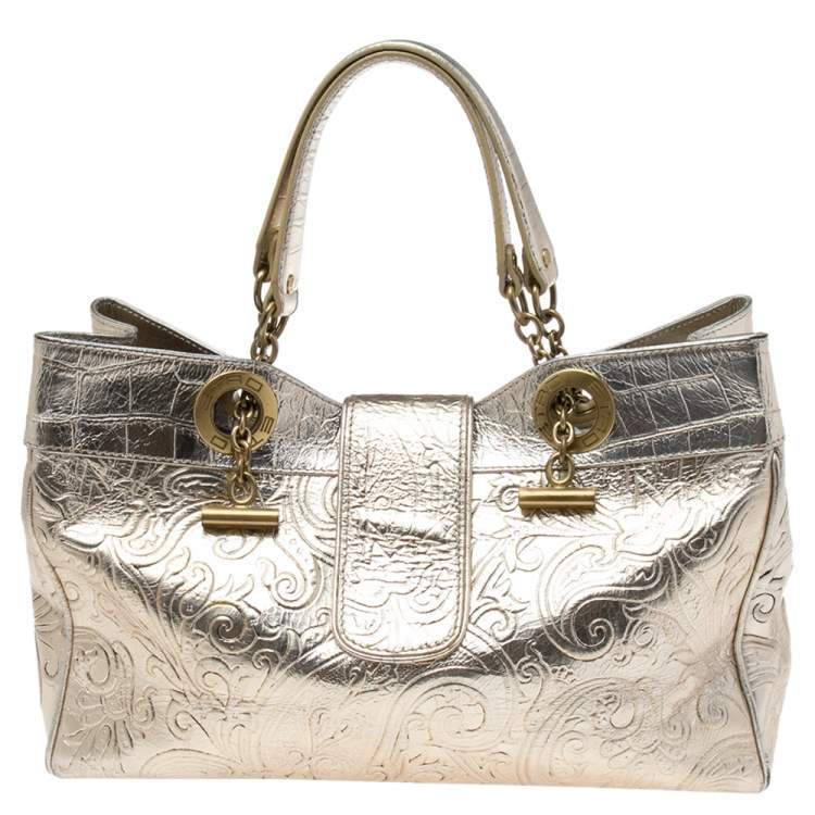Pre Owned Etro Metallic Gold/Silver Paisley Embossed Leather Tote